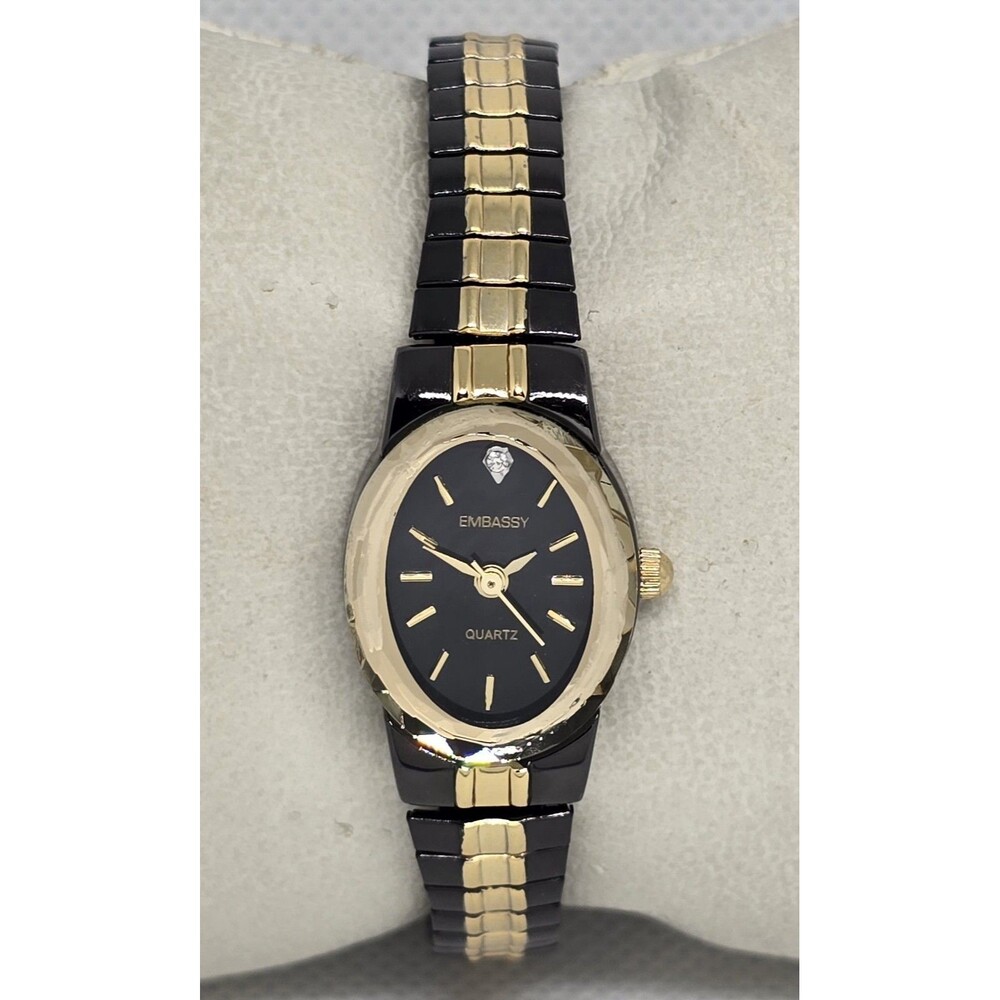 Woman's Embassy Elegant Petite Oval Black Gold Two Tone Expansion Watch 10 - Picture 1 of 8
